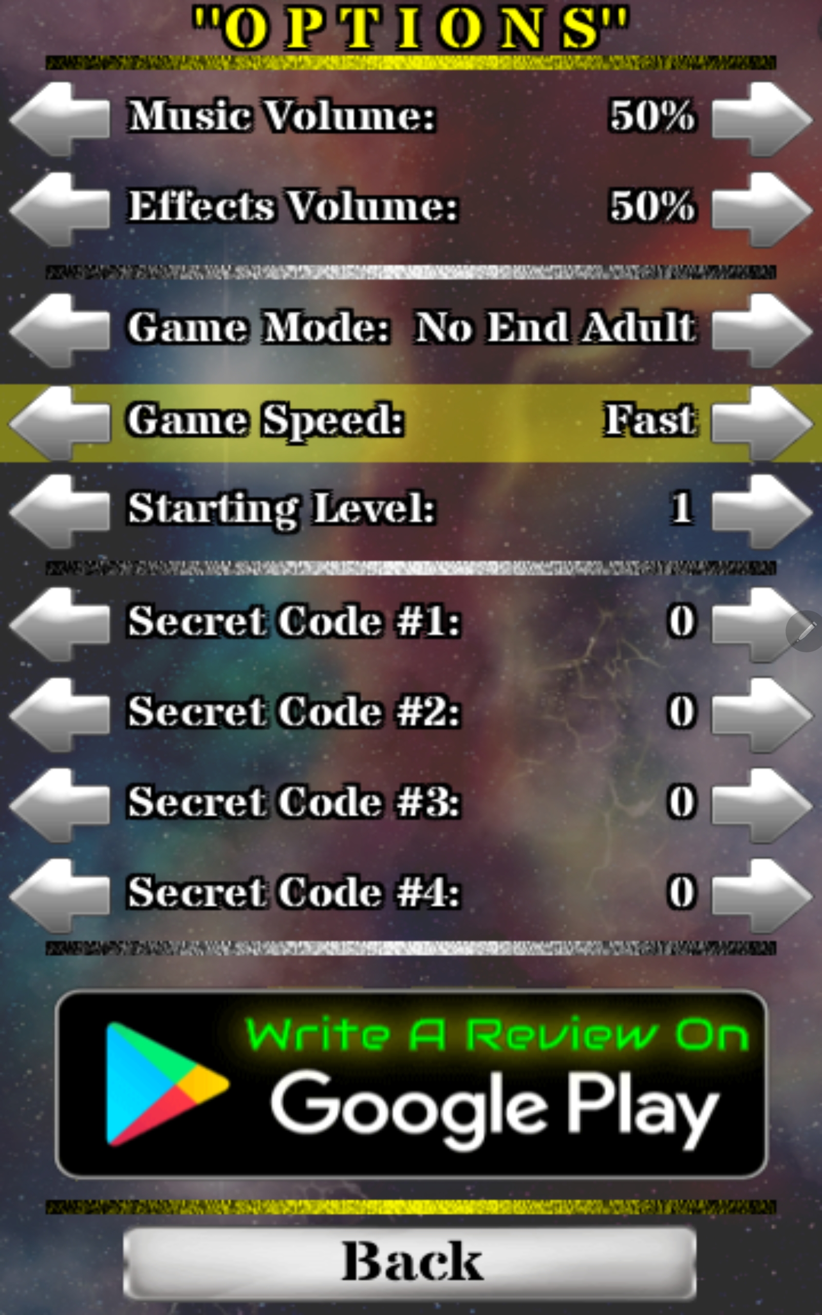 Super Space Swap 110% | App Review | Android | Options Screen
