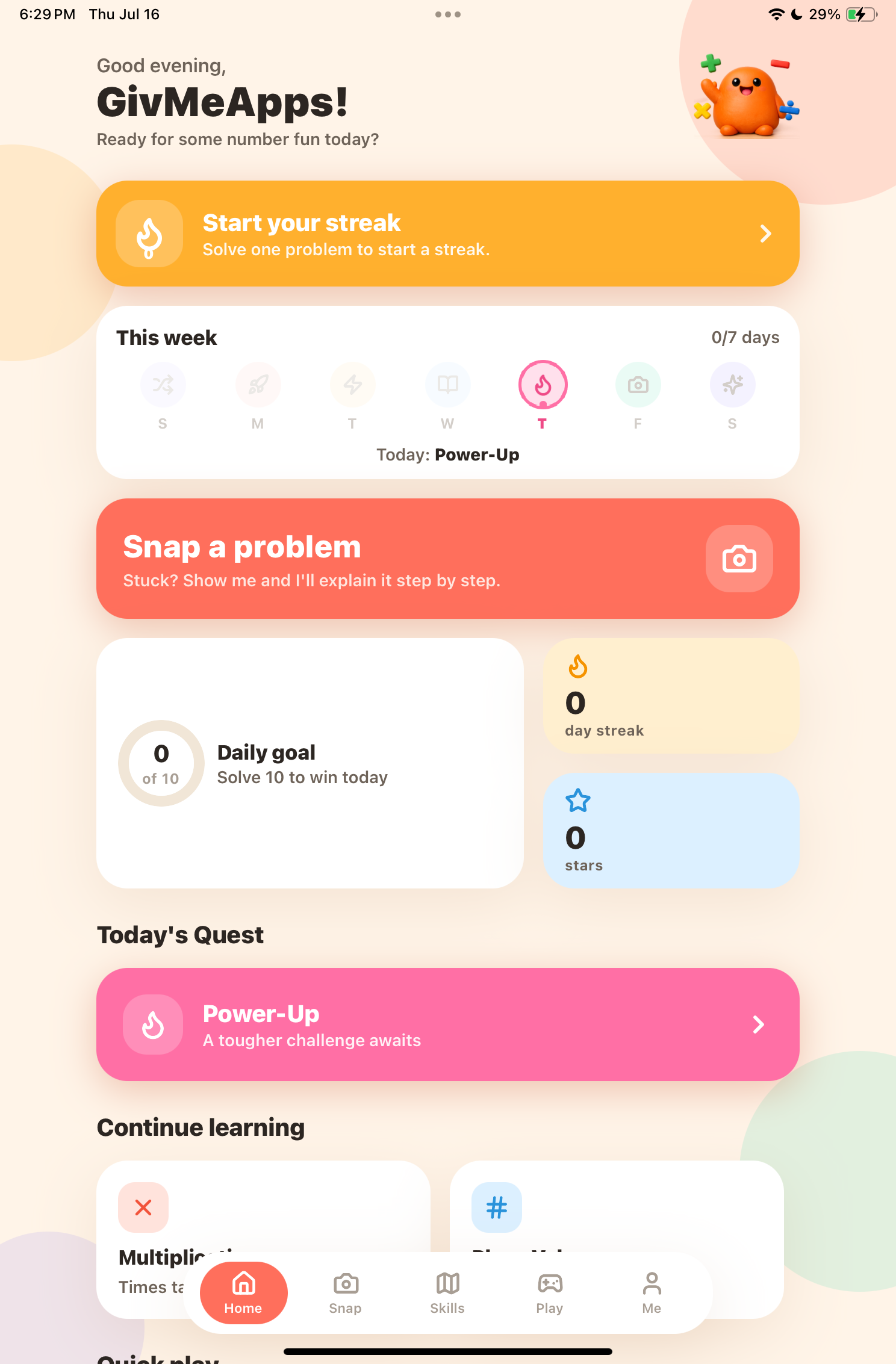 Numo: Math Buddy Tutor - Home Screen