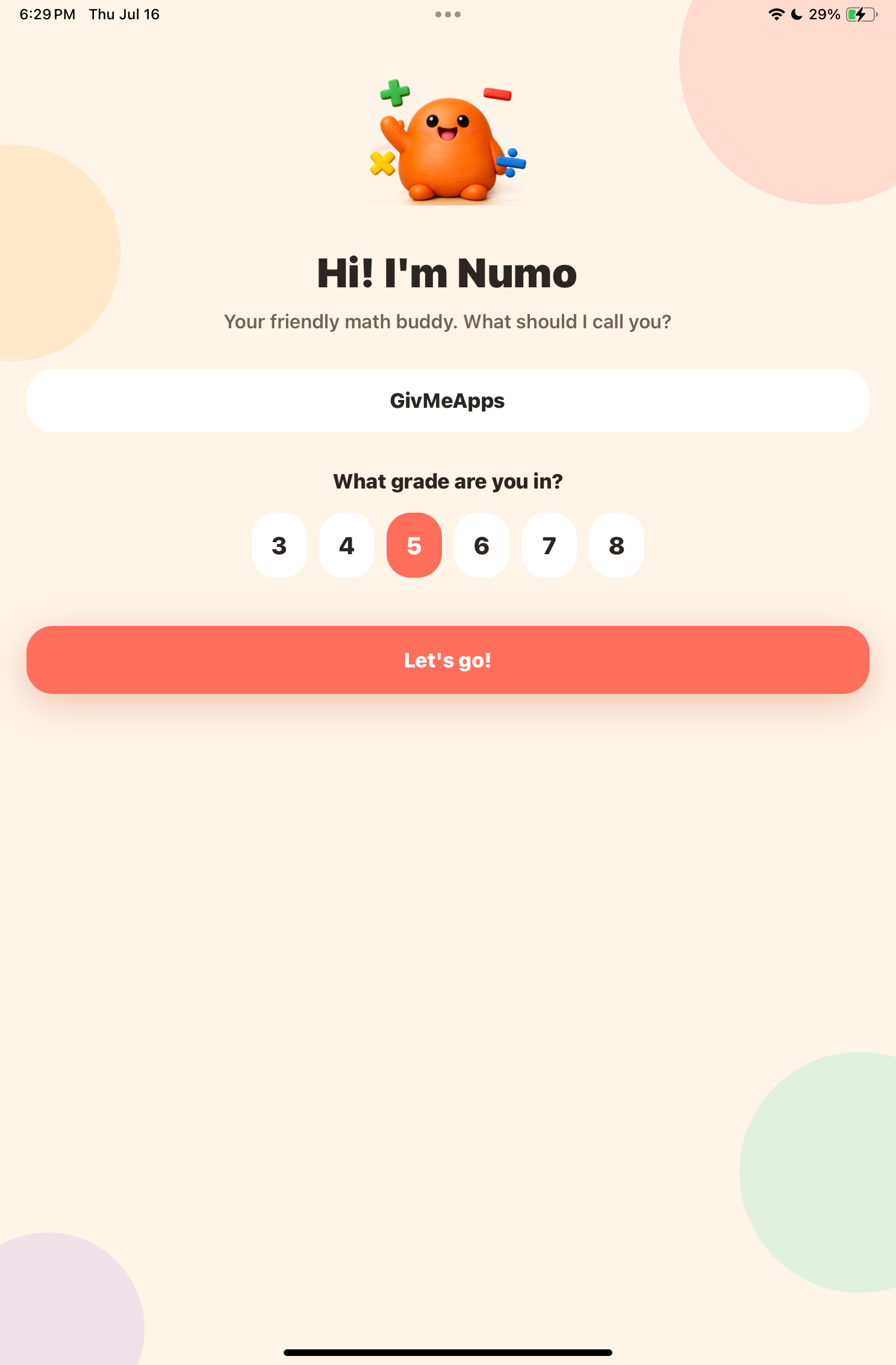 Numo: Math Buddy Tutor - Start Up Screen And Level Selection
